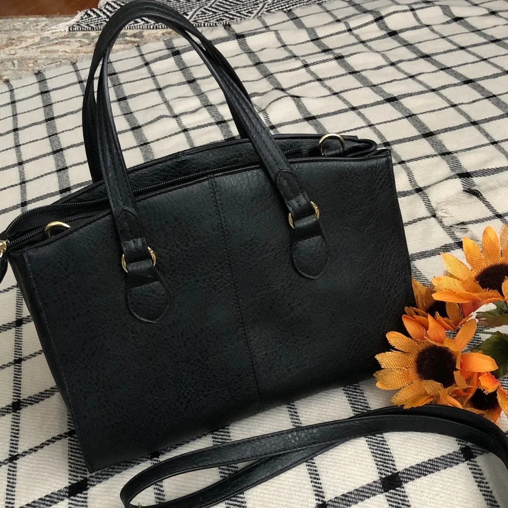 Bueno Black Structured Satchel with Gold Hardware